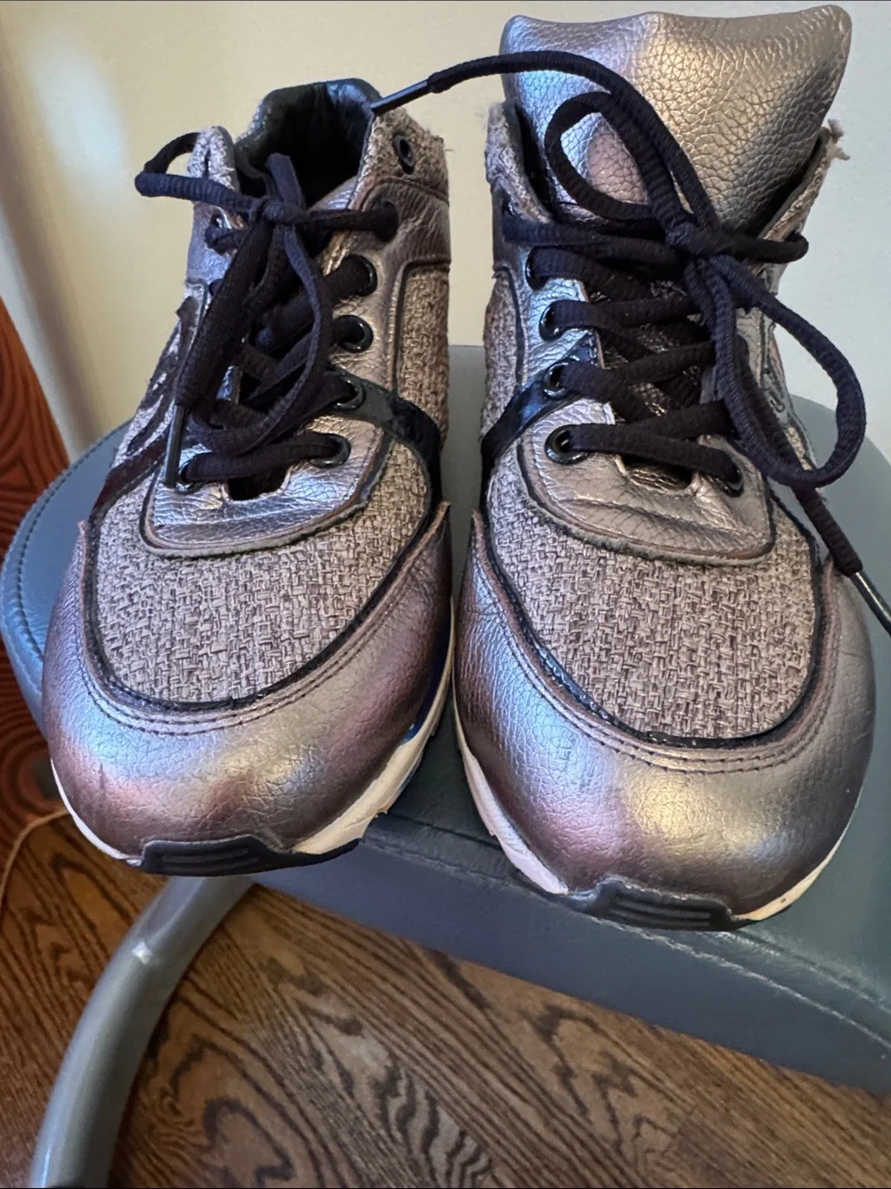 CHANEL Metallic bronze and Black leather and jacquard  Lace-Up Sneakers. Size 38